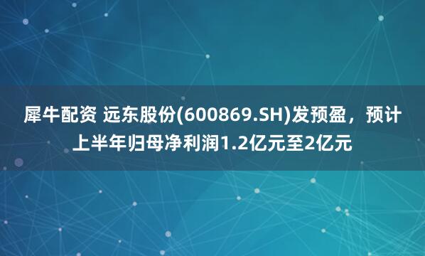 犀牛配资 远东股份(600869.SH)发预盈，预计上半年归母净利润1.2亿元至2亿元